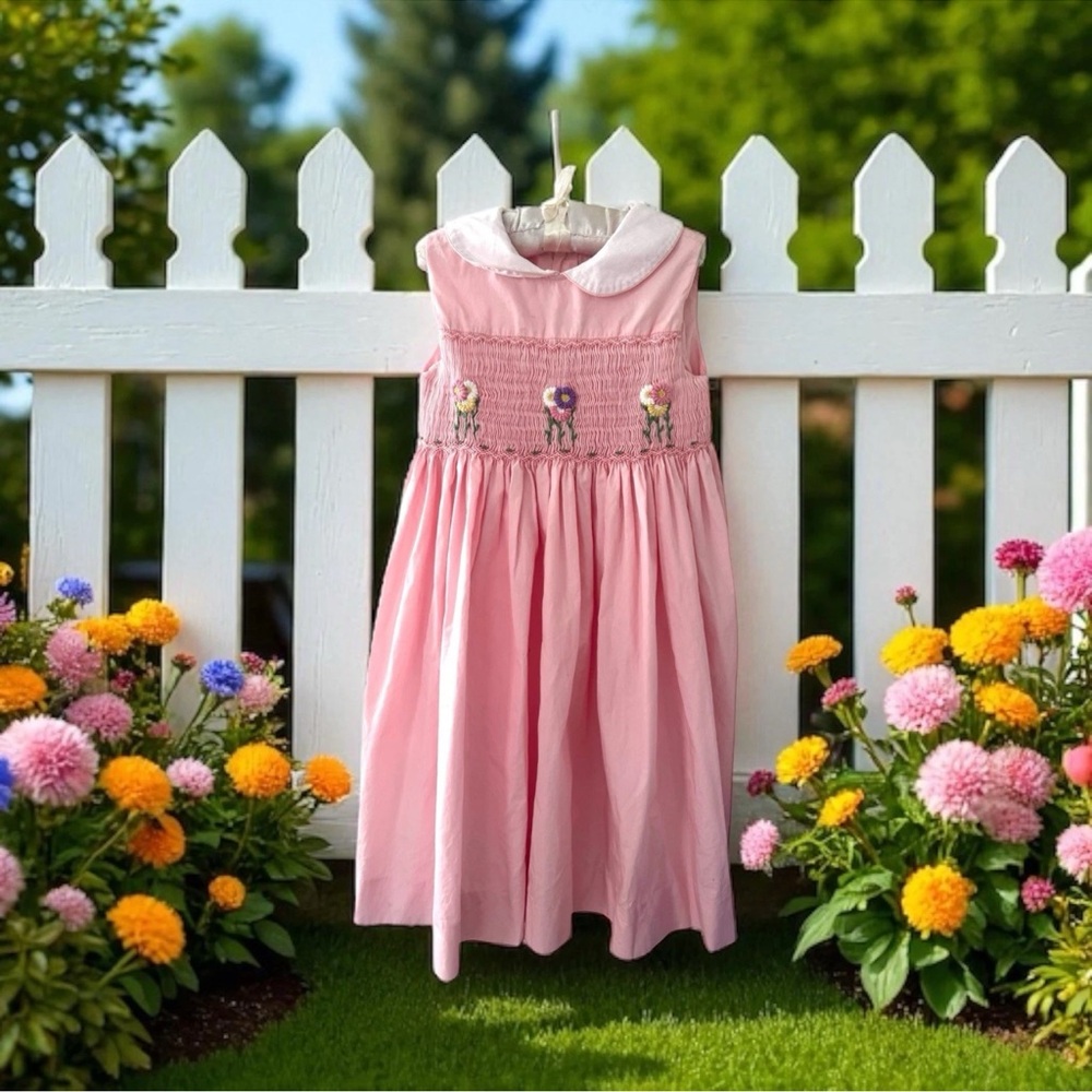 NBW Fantaisie Kids Girls Pink Smocked Dress
Embroidered Flowers Dress Sz 4T